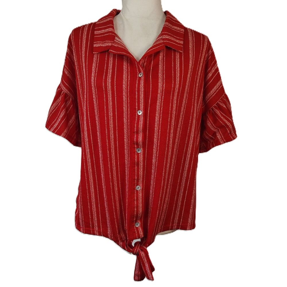 Luxology Large Women's Red Striped Button-Up Ruffle Short Sleeve Blouse Shirt - Picture 2 of 7
